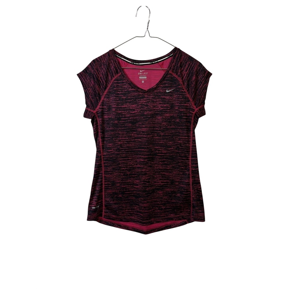 Nike Running Shirt Womens M Pink Black Dri-FIT Miler Space Dye 717420-691